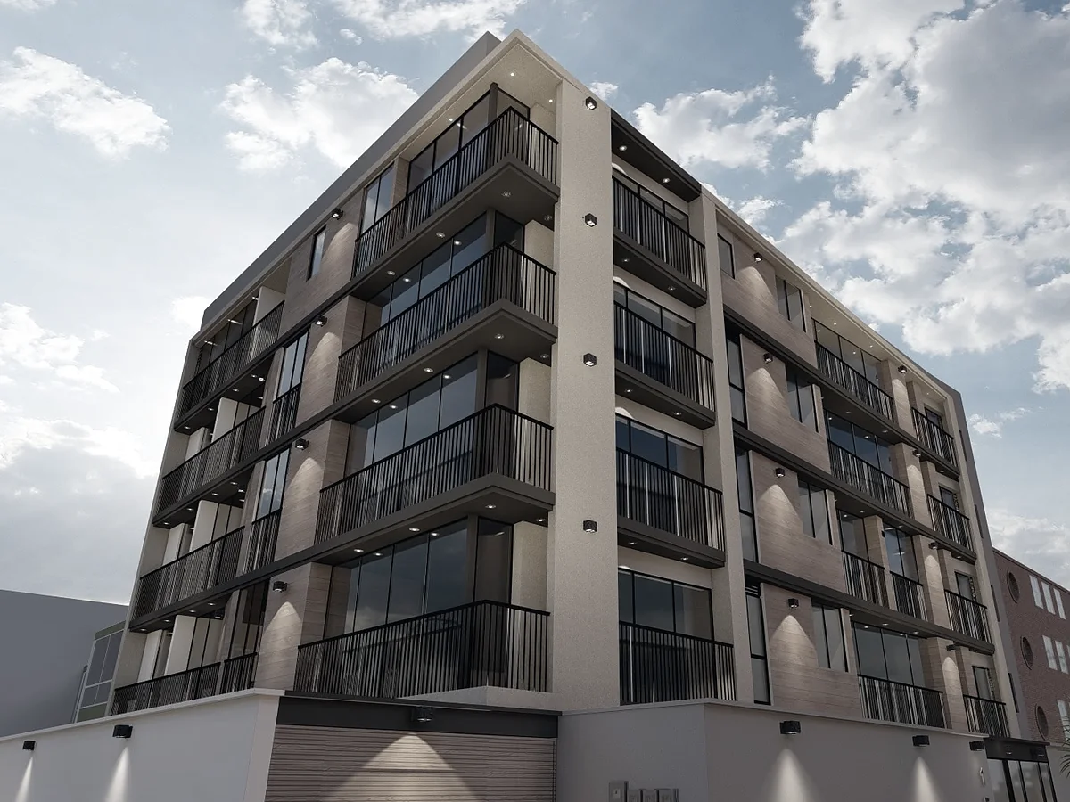 Render del Edificio Neptuno, de departamentos con balcones