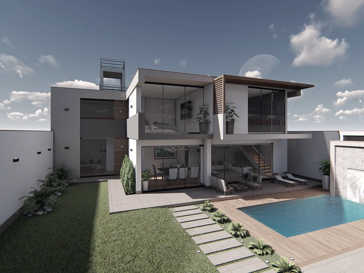Render de vivienda unifamiliar en San Bartolo con jardín y piscina